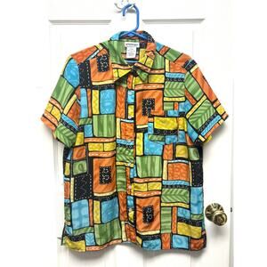National Blouse Abstract Patchwork Womens Large Short Sleeve Button Front